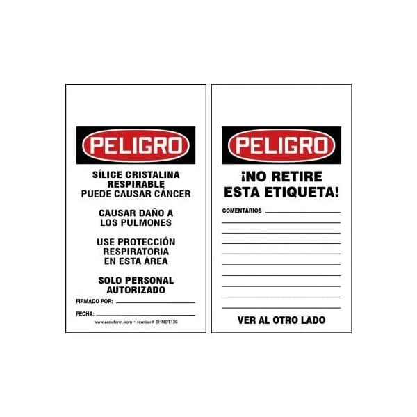 Accuform Spanish Safety Tags, DANGER RESPIRABLE CRYSTALLINE SILICA, 5.75in x 3.25in, RP-Plastic, 25PK SHMDT130PTP - main